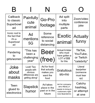 Superbowl Spot BINGO Card