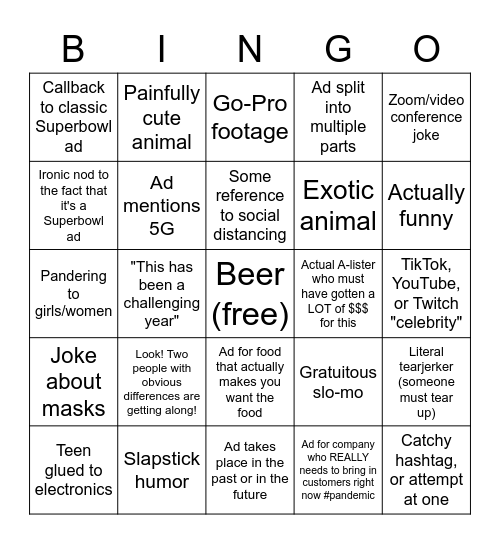 Superbowl Spot BINGO Card