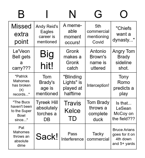 Super Bowl LV Bingo Card