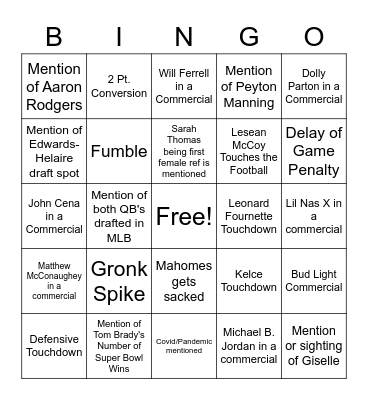 2021 Super Bowl Bingo Card