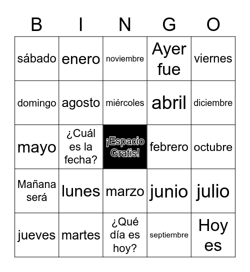 c0 Los Días y Los Meses Bingo Card