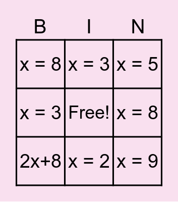 Algebra bingo game Bingo Card