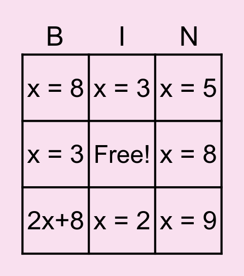 Algebra bingo game Bingo Card