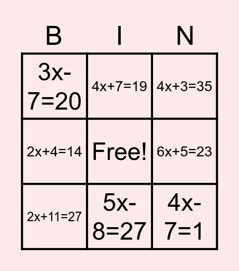 Algebra bingo game Bingo Card