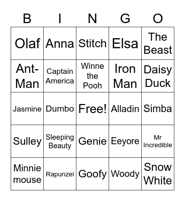 Disney characters Bingo Card