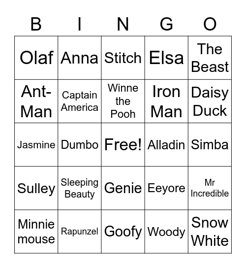 Disney characters Bingo Card