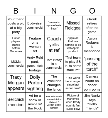 Superbowl Covid Edition Bingo Card