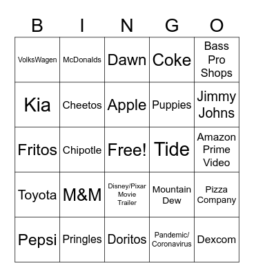 Super Bowl Commercials2021! Bingo Card