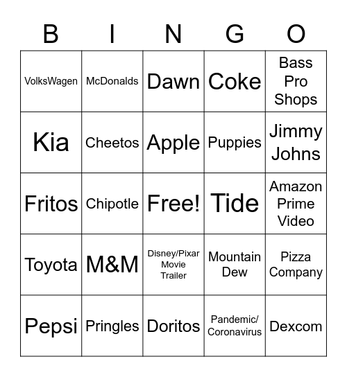 Super Bowl Commercials2021! Bingo Card