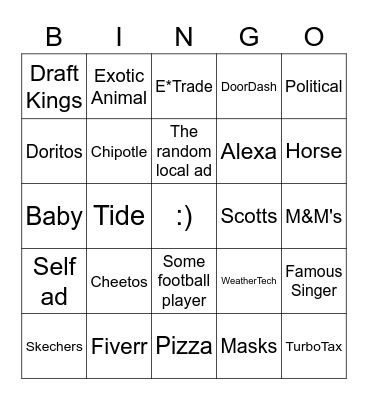 Super Bowl Commercial Bingo 2021 Bingo Card