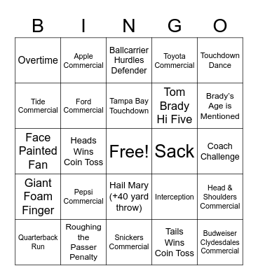 Super Bowl Bingo Card