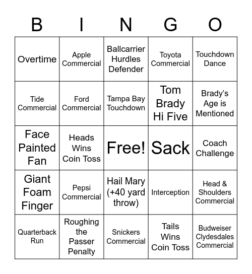 Super Bowl Bingo Card