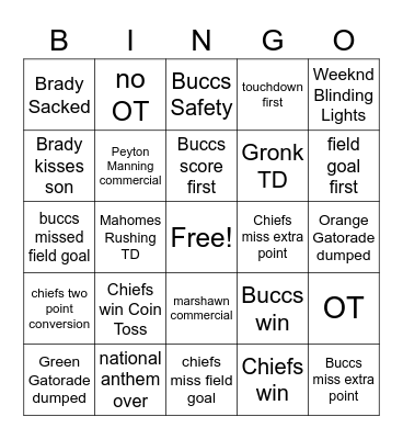 Superbowl 2021 Bingo Card