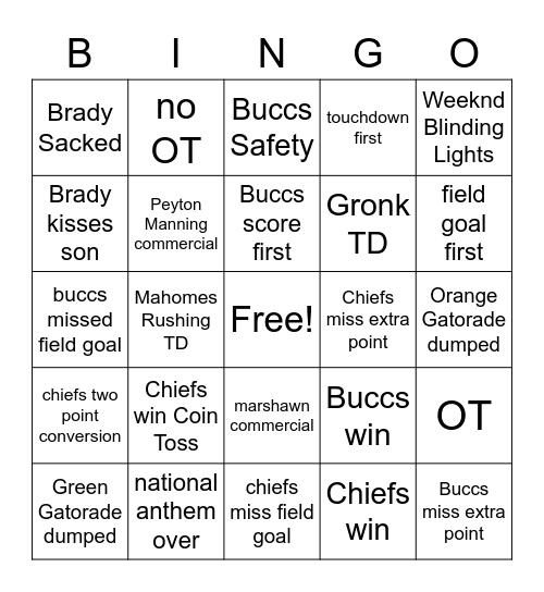 Superbowl 2021 Bingo Card