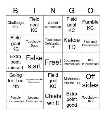 Super Bowl 2021 Bingo Card