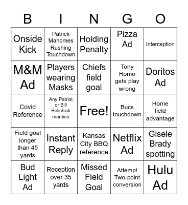 Super Bowl LV Bingo Card