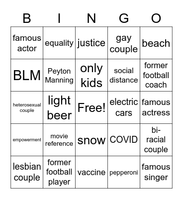 Super Bowl Commercials Bingo Card