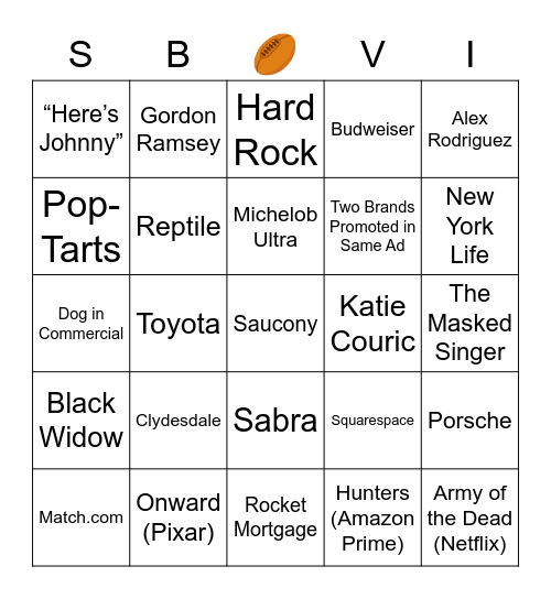 Big Game Ad Bingo Card