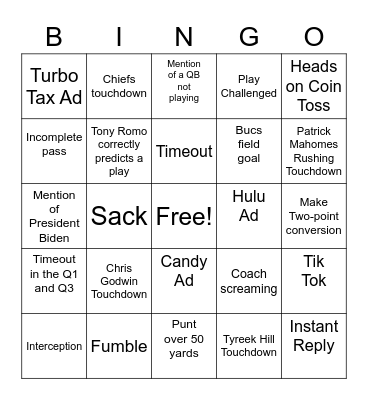 Super Bowl LV Bingo Card