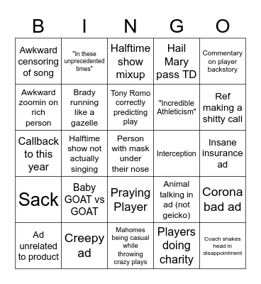 Superbowl 2021 Bingo Card