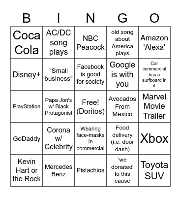 2021 Superbowl Ads Bingo Card