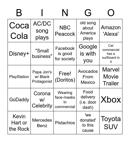 2021 Superbowl Ads Bingo Card