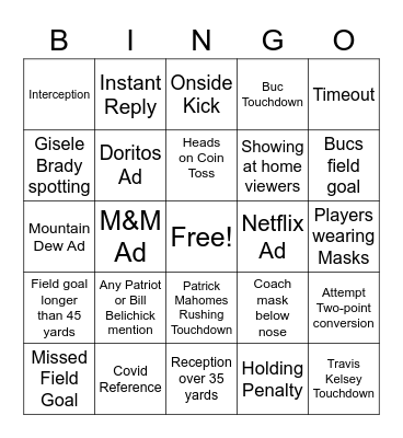 Super Bowl LV Bingo Card