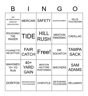 SUPER BOWL LIV Bingo Card