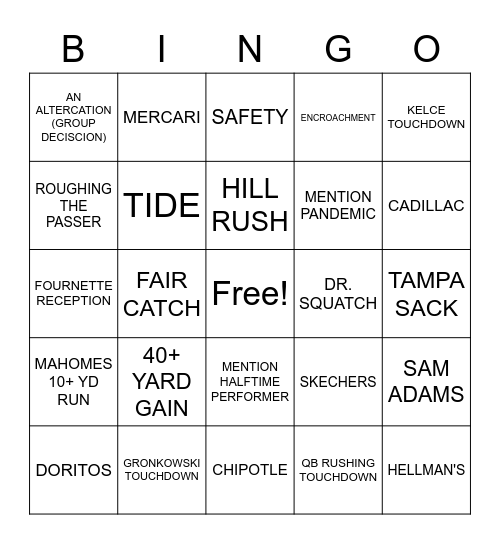 SUPER BOWL LIV Bingo Card