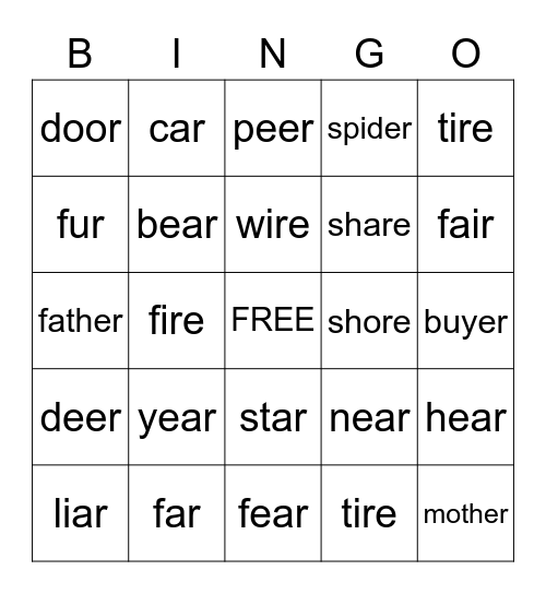 Vocalic R Bingo Card