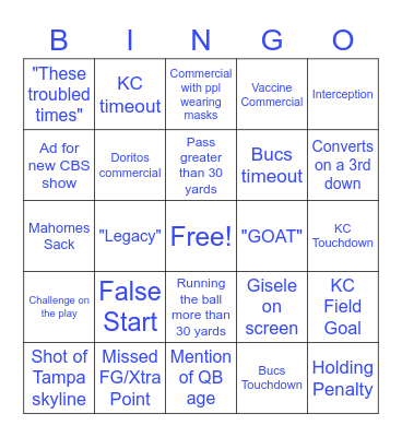 Super Bowl Bingo 2021 Bingo Card