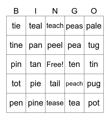 Minimal Pairs /p/ and /t/ Bingo Card