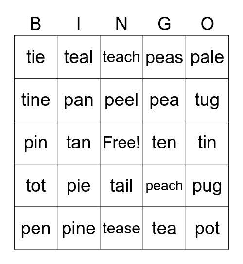 Minimal Pairs /p/ and /t/ Bingo Card