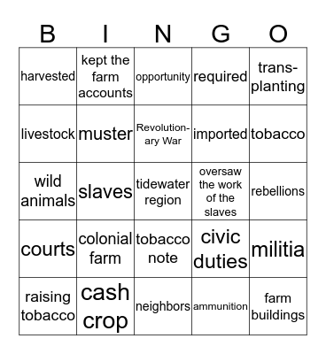 Colonial Life on a Virginia Farm Bingo Card