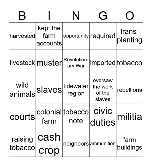 Colonial Life on a Virginia Farm Bingo Card
