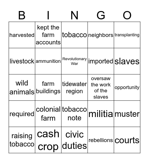 Colonial Life on a Virginia Farm Bingo Card