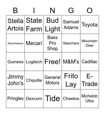 Super Bowl Commercials Bingo Card