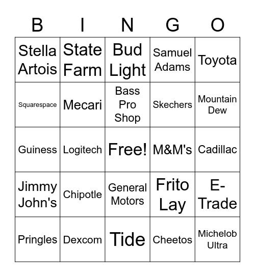 Super Bowl Commercials Bingo Card