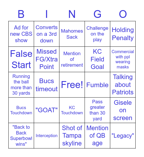 Super Bowl Bingo 2021 Bingo Card