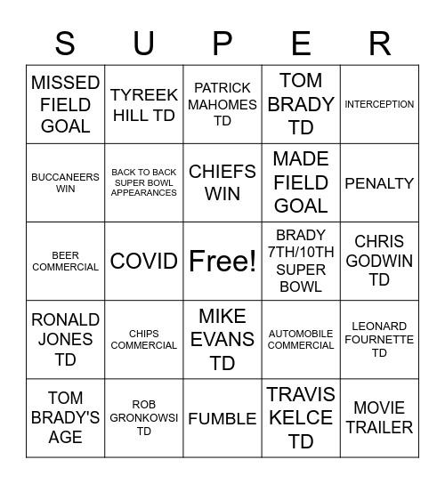 SUPER BOWL LV Bingo Card