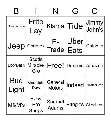 Super Bowl Commercials Bingo Card