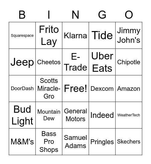 Super Bowl Commercials Bingo Card