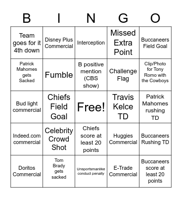 Super Bowl LV Bingo Card