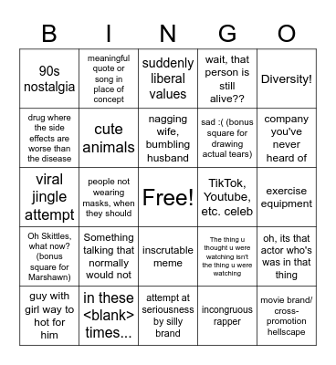 Super bowl commercial BINGO Card