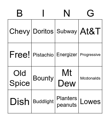 Super Bowl Commercials Bingo Card