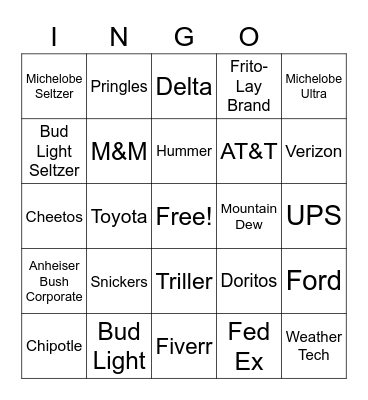 Super Bowl Commercial Bingo Card