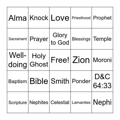 Youth of Zion Bingo Card