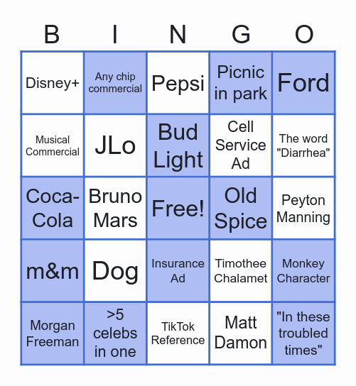 Super Bowl Commercial Bingo Card