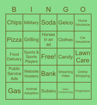 Super Bowl 55 Commercial Bingo Card