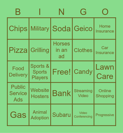 Super Bowl 55 Commercial Bingo Card